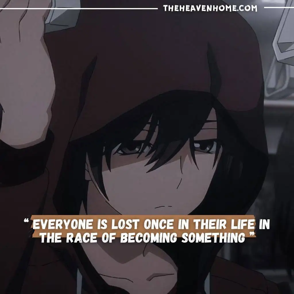 anime boy sad and broken travelling in a train image with a quote “ Everyone is lost once in their life in the race of becoming something ”