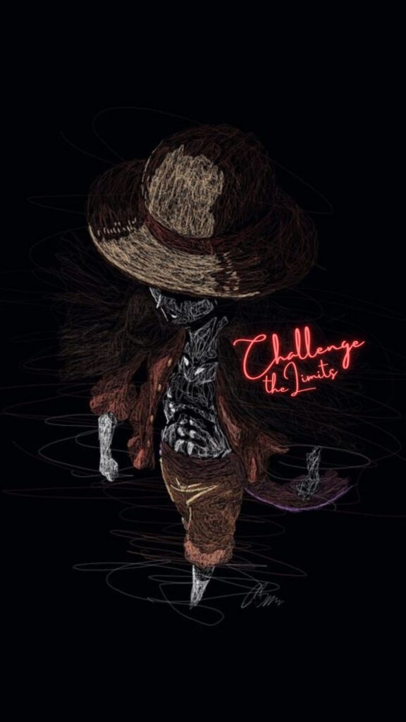 Character Sketch with "Challenge the Limits" Text: "Sketch-style artwork of a character with a hat and open coat, set against a dark background, with the phrase 'Challenge the Limits' in glowing red cursive text."