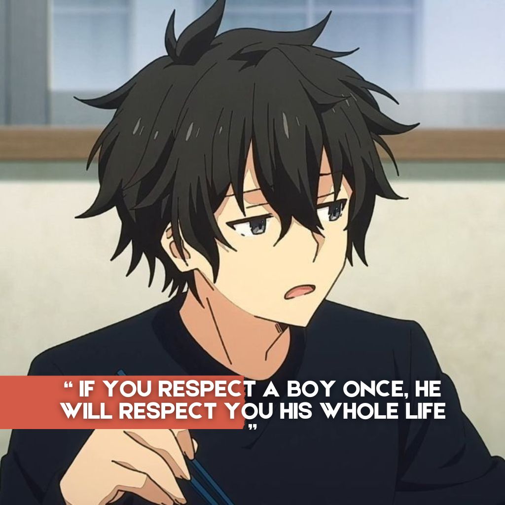 Anime boy with messy hair, just waking up, holding chopsticks, and wearing a reluctant expression, featuring the quote: 'If you respect a boy once, he will respect you his whole life.