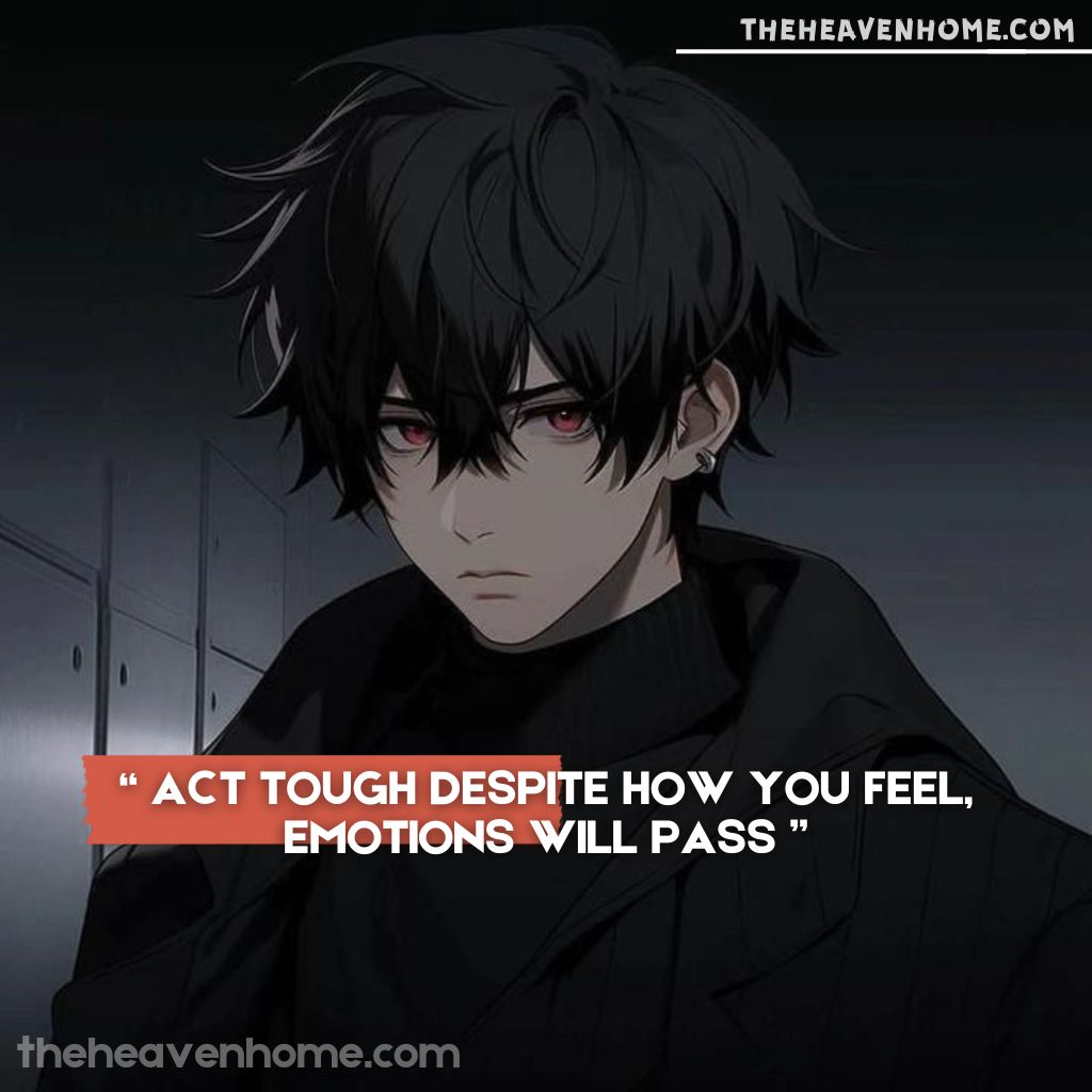 An anime boy with a serious expression, captioned 'Act tough despite how you feel, emotions will pass' - A motivational quote emphasizing resilience and emotional strength.