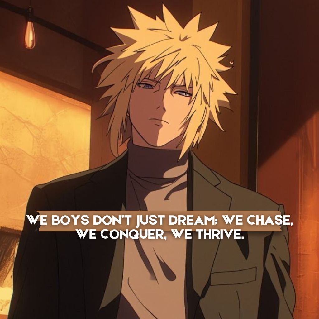 Stylish anime boy with blonde spiky hair, wearing a suit, with the bold quote: 'We boys don’t just dream; we chase, we conquer, we thrive.