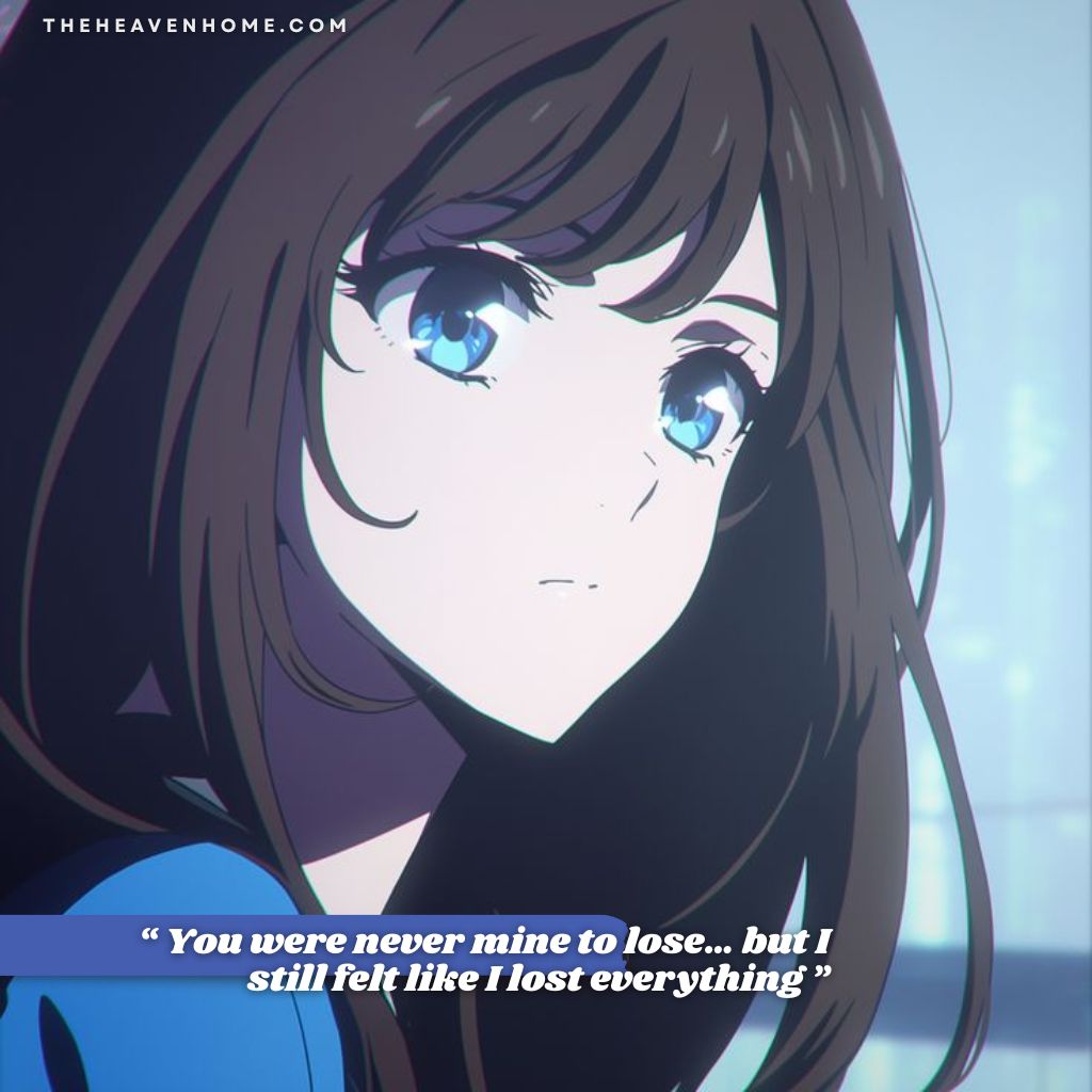 A beautiful anime girl with blue sparkling eyes and amazing brown long hairs looking into the distance, the image overlays a broken love quote “ You were never mine to lose… but I still felt like I lost everything ” a silent heartbreak quote image