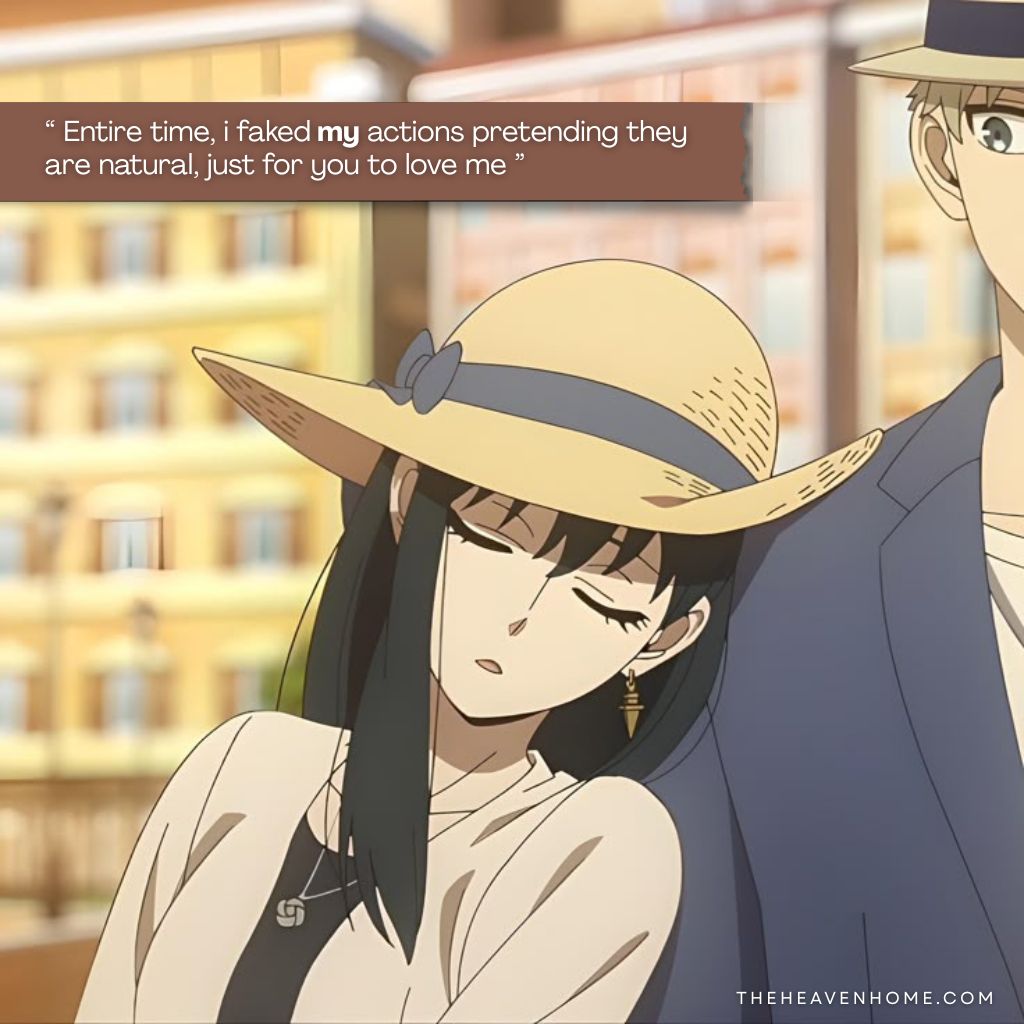 Right way to confess... 3 Anime girl in a sun hat resting gently on a man's shoulder, eyes closed, expressing a heartfelt one-sided love confession: ‘Entire time, I faked my actions pretending they are natural, just for you to love me.’ a emotional moment with a deep love confession