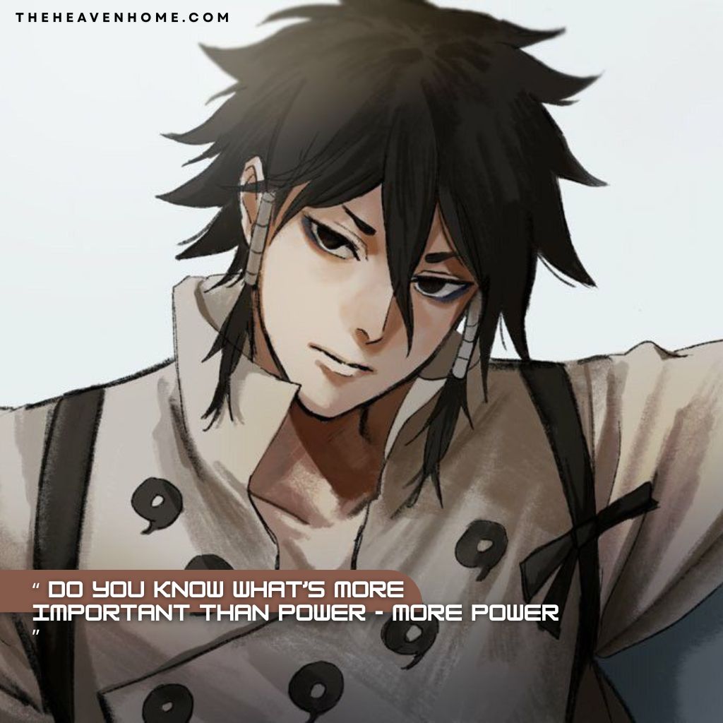 Indra Ōtsutsuki standing in a cold pose exuding powerful aura and confidence, the image overlays a cold quote “ Do you know what’s more important than power - More power ” reflecting obsession