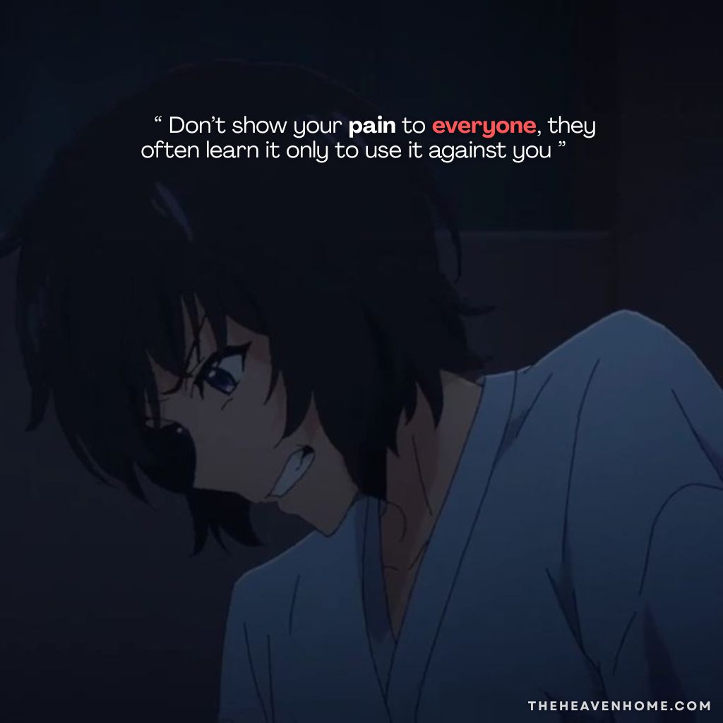 Dark Manipulation Quotes Images 8 Anime boy in emotional pain clenching his teeth with a dark background, image overlaid with the quote: “Don’t show your pain to everyone, they often learn it only to use it against you” — a chilling dark manipulation quote about life