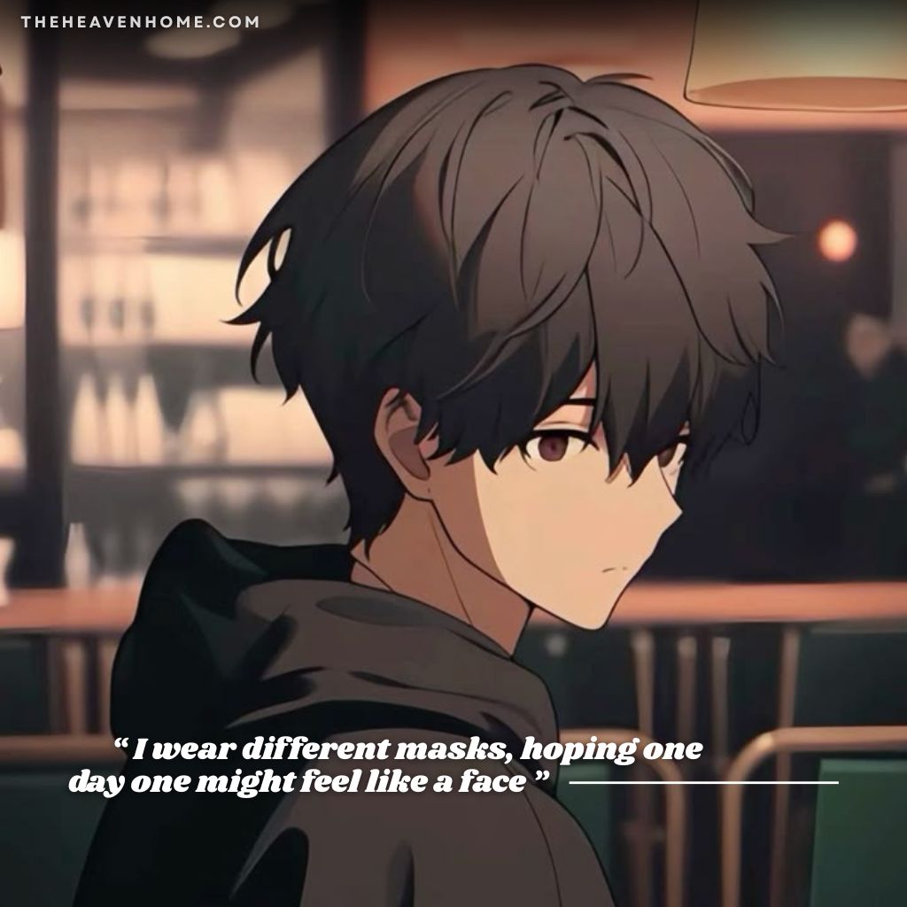 Anime boy with a melancholic expression sitting in a café, wearing a hoodie and staring down but his eyes are in deep distant, the quote on this image “ I wear different masks, hoping one day one might feel like a face ” expresses identity struggle