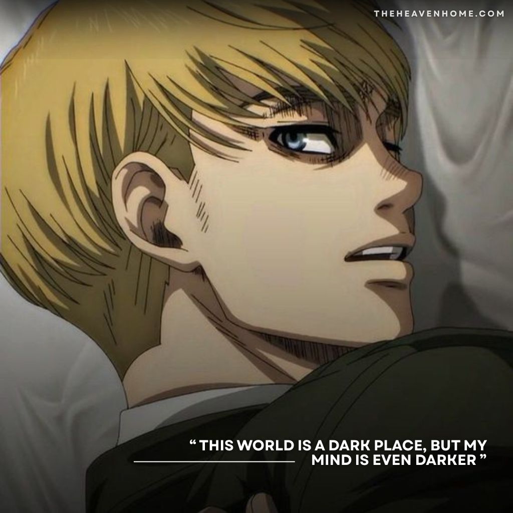 Close-up of Armin Arlert from anime Attack on Titan lying down on a bed with a dark and serious expression on his face, the image overlays a dark mindset quote “ This world is a dark place, but my mind is even darker ”