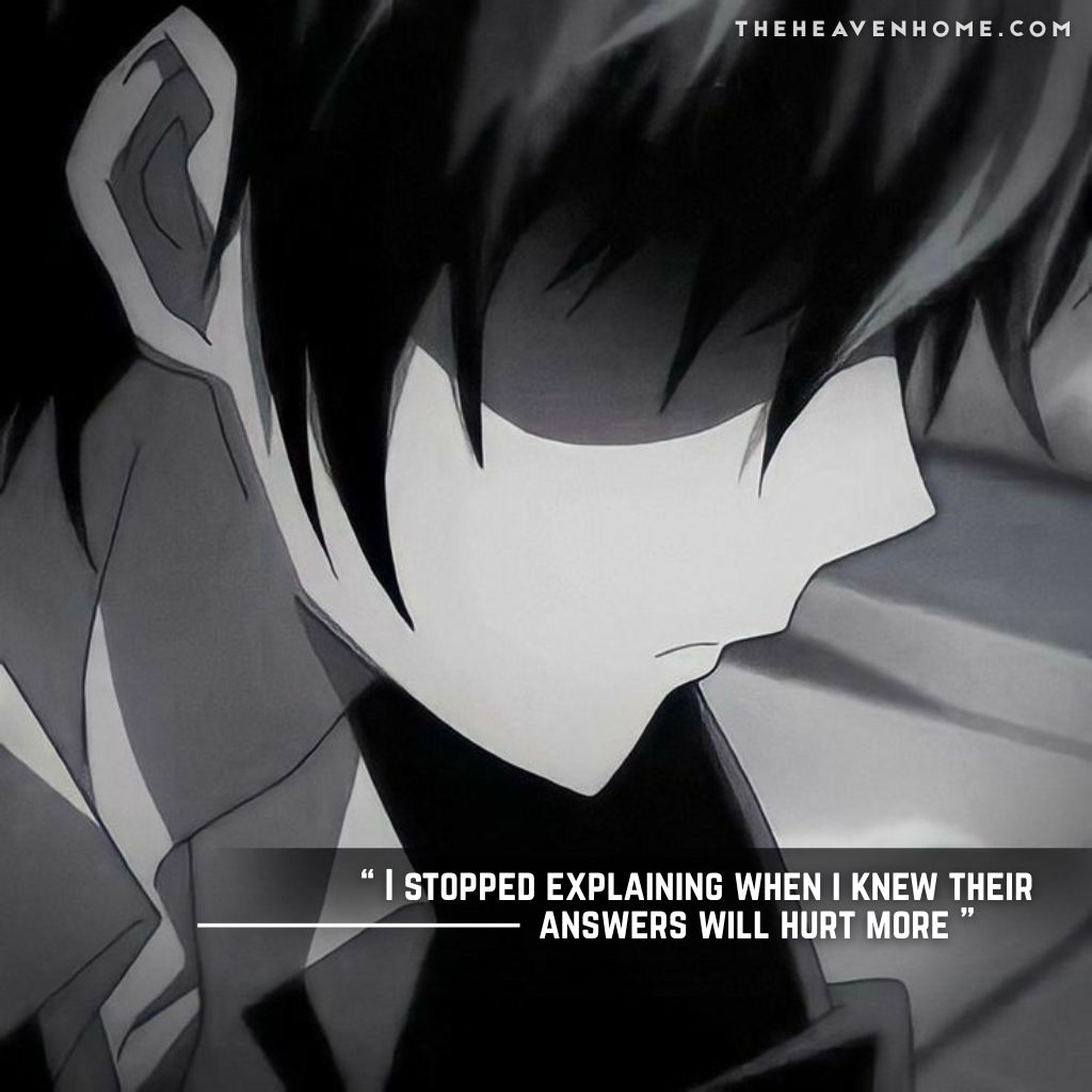 A dark aesthetic image of a boy looking down with deep serious expression on his face, image overlays a broken boys mindset quote “ I stopped explaining when i knew their answers will hurt more ” - for boys tired of fake sympathy and reality of people