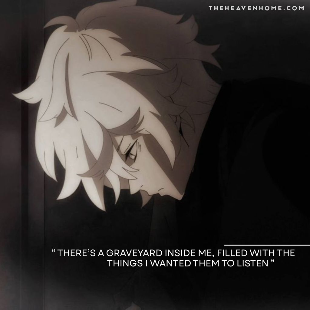 Alone/Loner quotes paired with images 1 A lonely anime boy looking down with empty eyes and a emotionless face expression, image overlays a alone/loner boys life quote β Thereβs a graveyard inside me, filled with the things i wanted them to listen β expresses hope of alone boys
