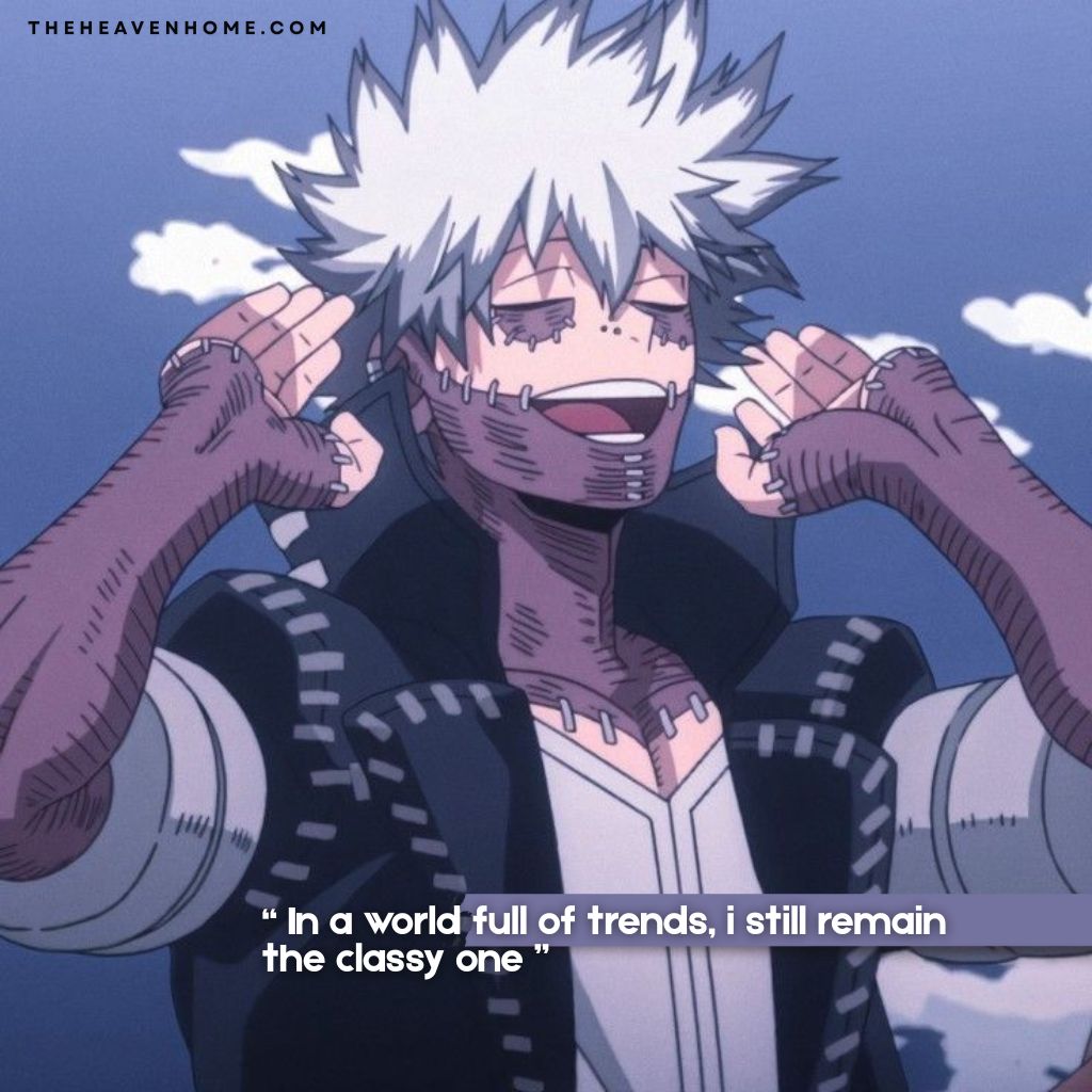 Dabi from my hero academia classy aesthetic image, smiling confidently with a cold pose, image overlays a classy mindset quote “ In a world full of trends, i still remain the classy one ”