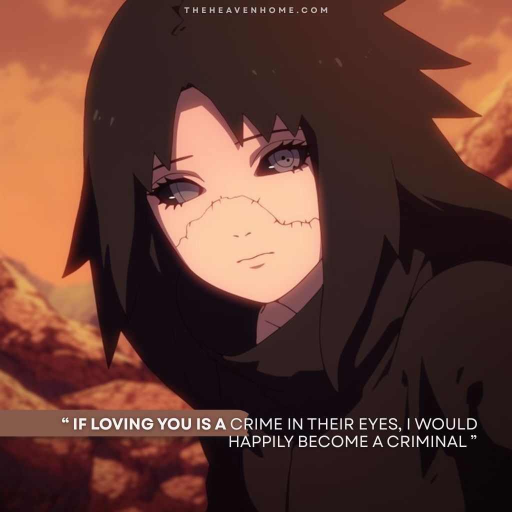 Beautiful anime girl with stitched face and deep and innocent eyes under a sunset sky, image overlays a love confession by a boy for her “ If loving you is a crime in their eyes, i would happily become a criminal ”