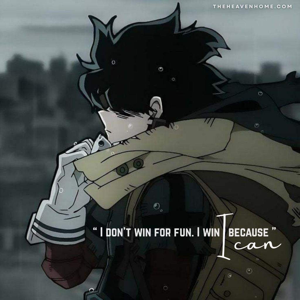Deku from My Hero Academia standing in the rain wearing a scarf and backpack, looking serious and determined, the image overlays a badass mindset quote “I don’t win for fun. I win because I can”