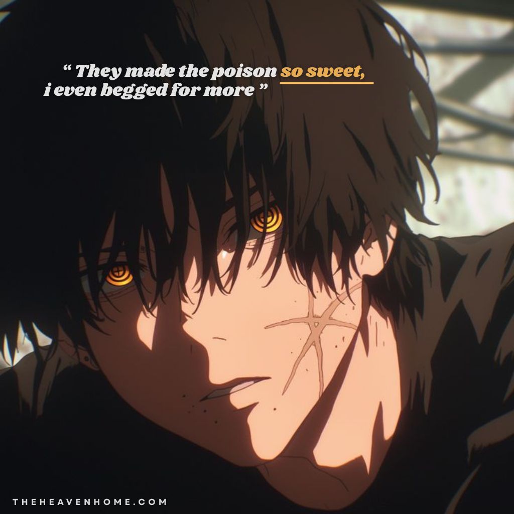 Emotionless anime boy with glowing amber eyes and facial scars, staring intensely while quoting “They made the poison so sweet, I even begged for more” — a powerful deep psychology quote about manipulation, addiction, and emotional control