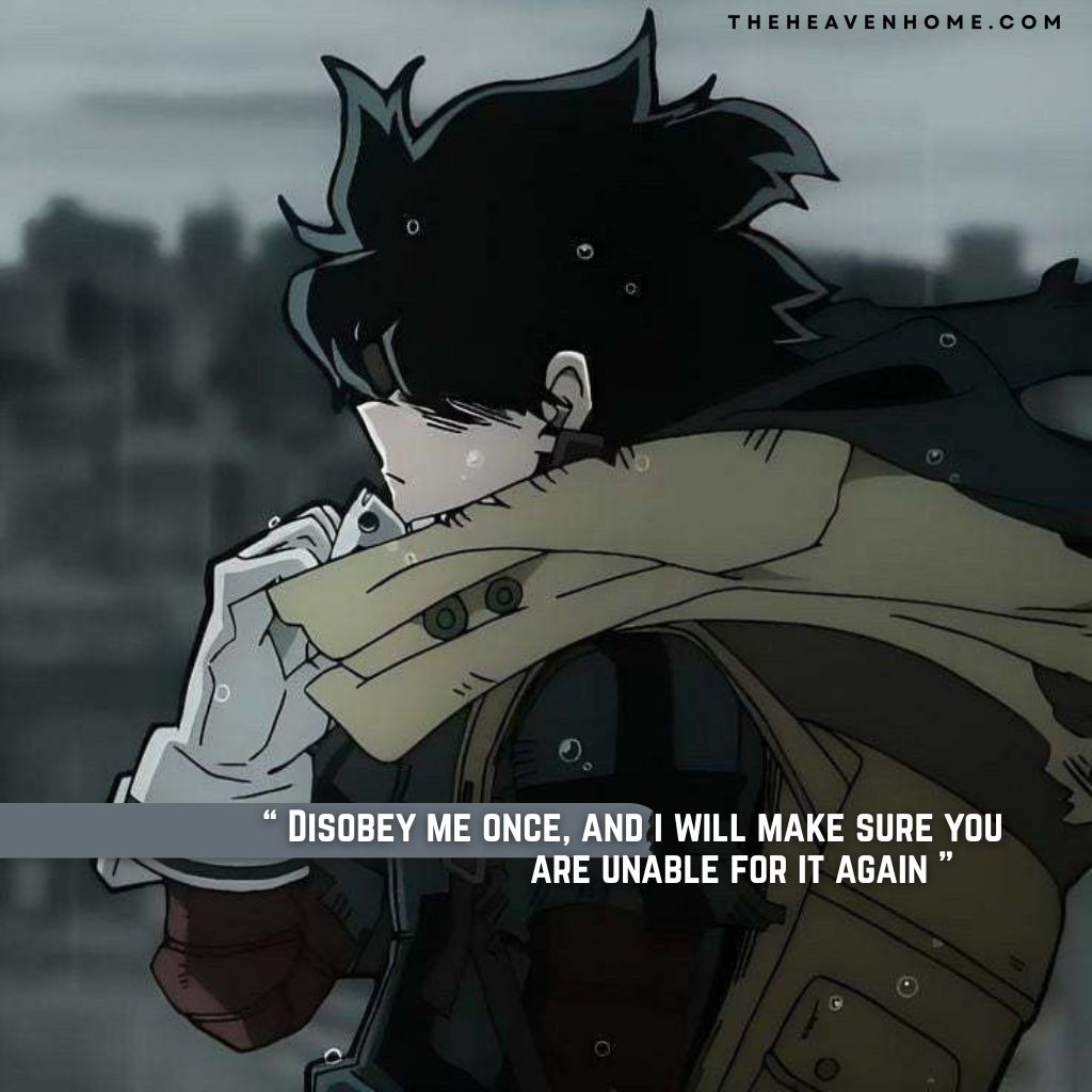 Izuku Midoriya in a dark rain scene with a fierce and determined expression, image overlays a ruthless quote “ Disobey me once, and i will make sure you are unable for it again ” - savage my hero academia quote image