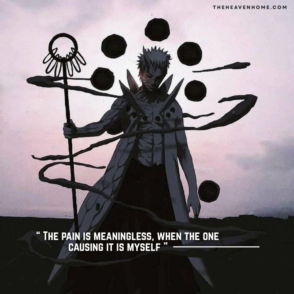 Obito Uchiha in Sage of Six Paths form with black orbs floating behind him, holding a staff, standing in a dark and cold pose, image with the quote “The pain is meaningless, when the one causing it is myself” – expresses inner pain and emotional numbness