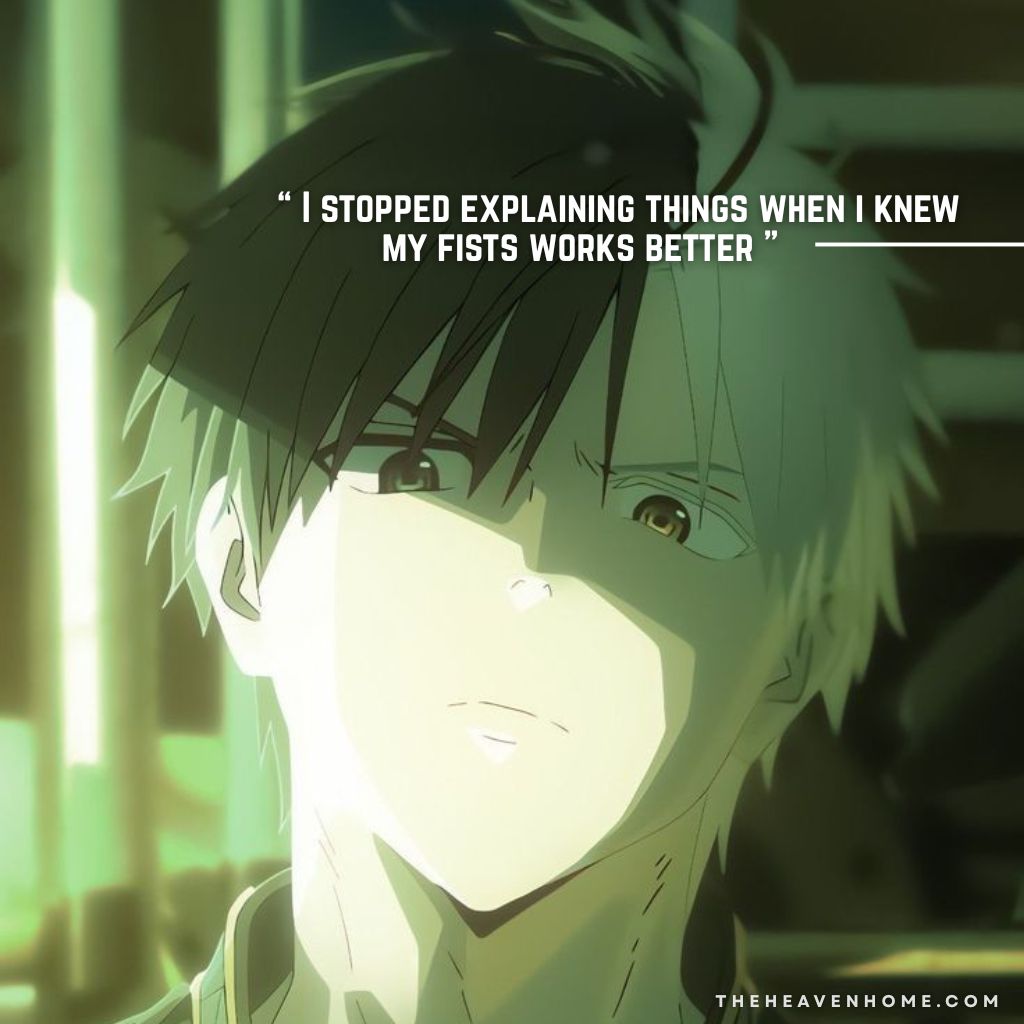 Sakura haruka from anime wind breaker with intense look looking straight ahead, image overlays a savage cold quote “ I stopped explaining things when i knew my fists works better ” - a badass mindset quote image