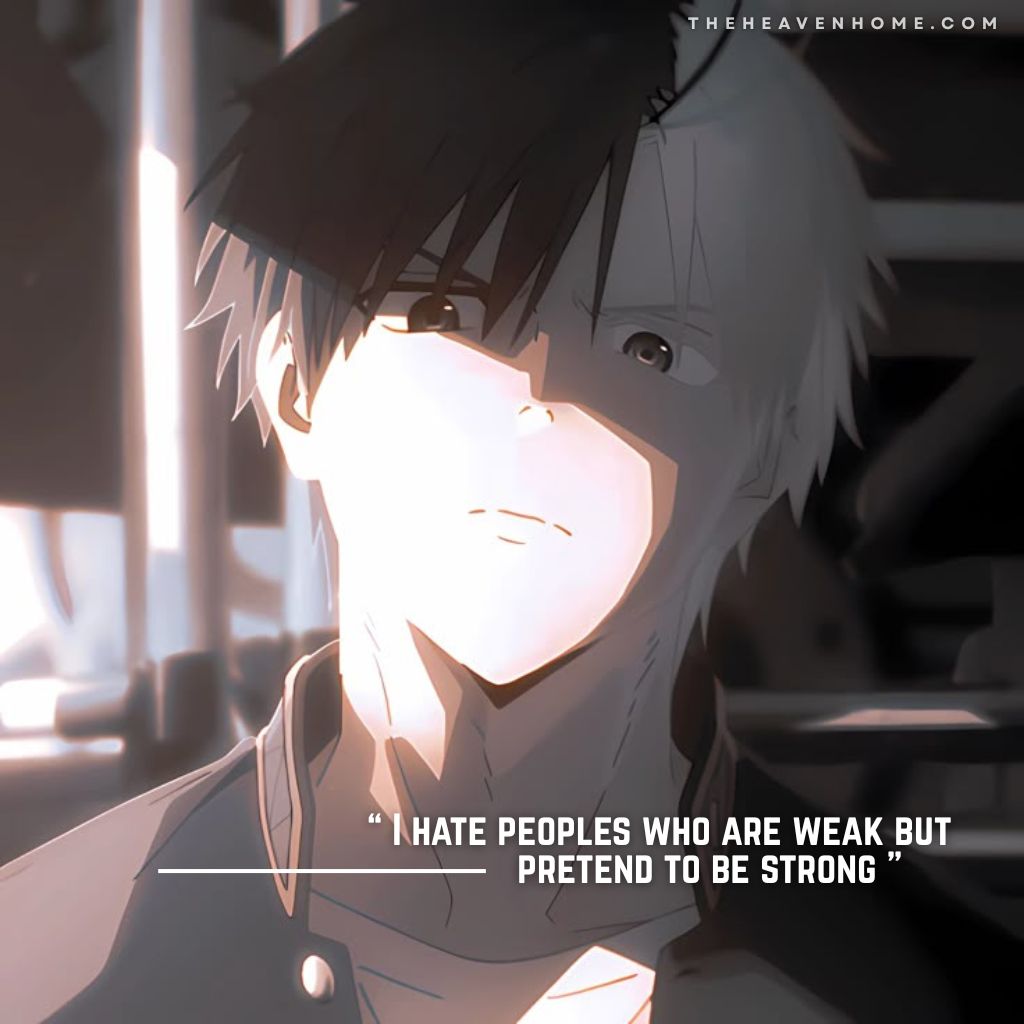 Haruka sakura from anime wind breaker standing in sunlight with a dark and fierce expression on his face, the image overlays a cold mindset quote “ I hate peoples who are weak but pretend to be strong ” - an anime mc attitude quote image