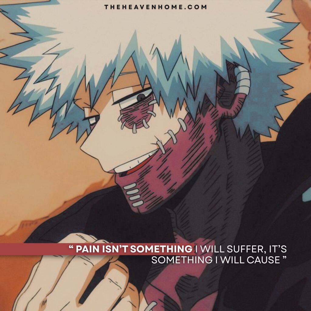 Dabi from my hero academia smirking with a stitched burned face and white hairs, image overlays a dark villain mindset quote “ Pain isn’t something i will suffer, it’s something i will cause ” - my hero academia villain quote image