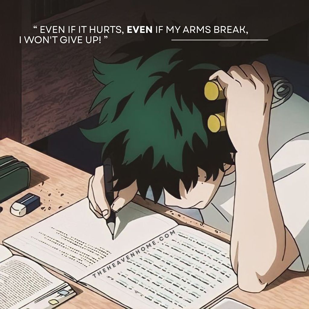 Izuku Midoriya studying with determination and exercising with another hand, an inspiring image overlays an inspirational quote “ Even if it hurts, even if my arms break, I won't give up! ” - My hero academia motivation
