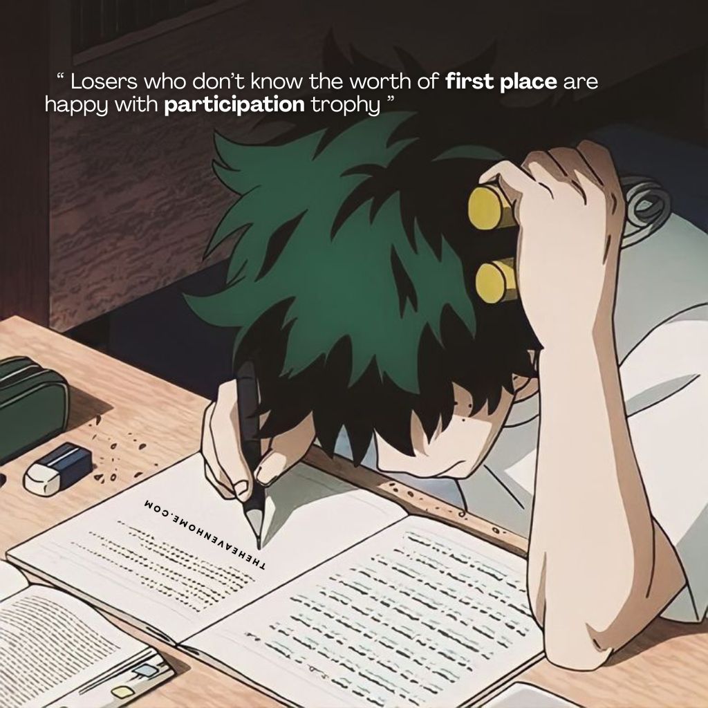 Midoriya Izuku from my hero academia intense study scene with savage look on his face, the image overlays a success mindset quote “ Losers who don’t know the worth of first place are happy with participation trophy ” - ruthless inspiration quote image