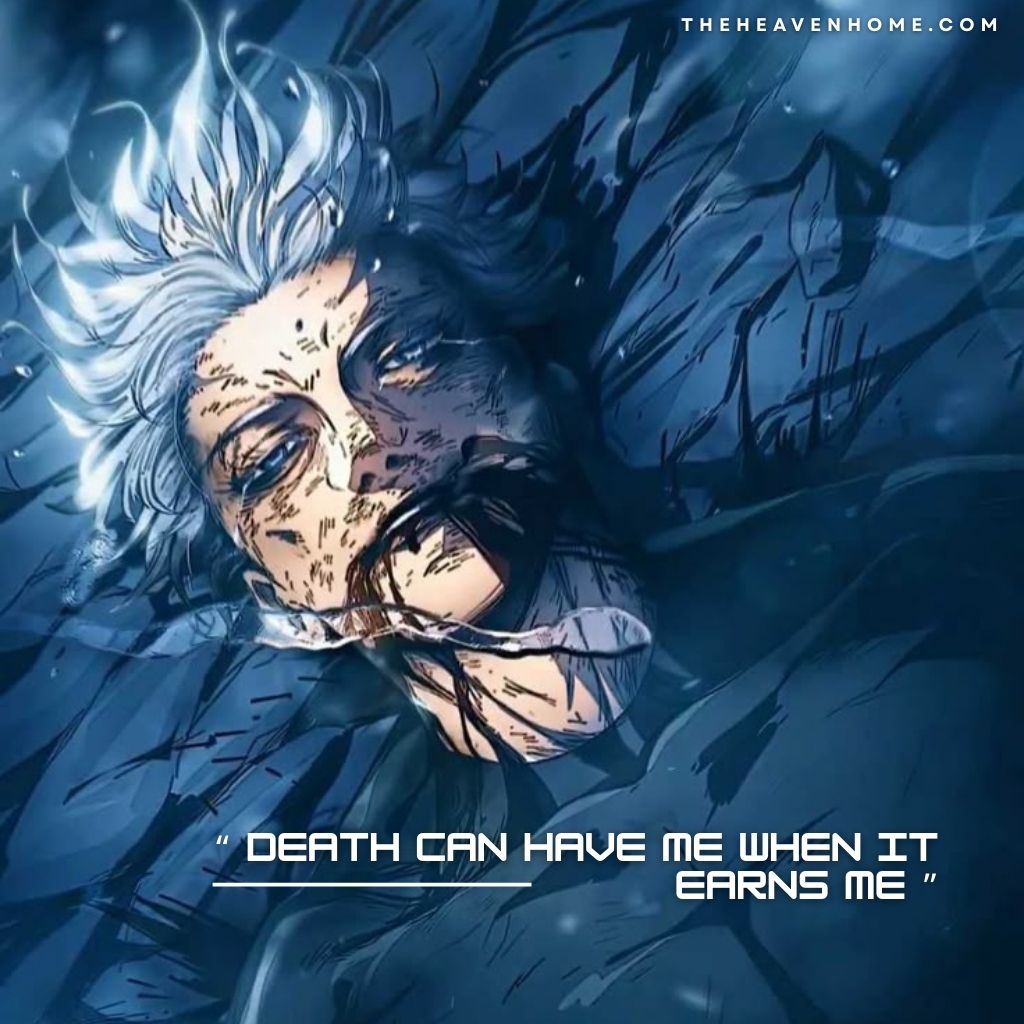 Gojo Satoru from anime jujutsu kaisen dying scene with scars on his face and mouth full of blood, the image overlays a classy boy mindset quote “ Death can have me when it earns me ”