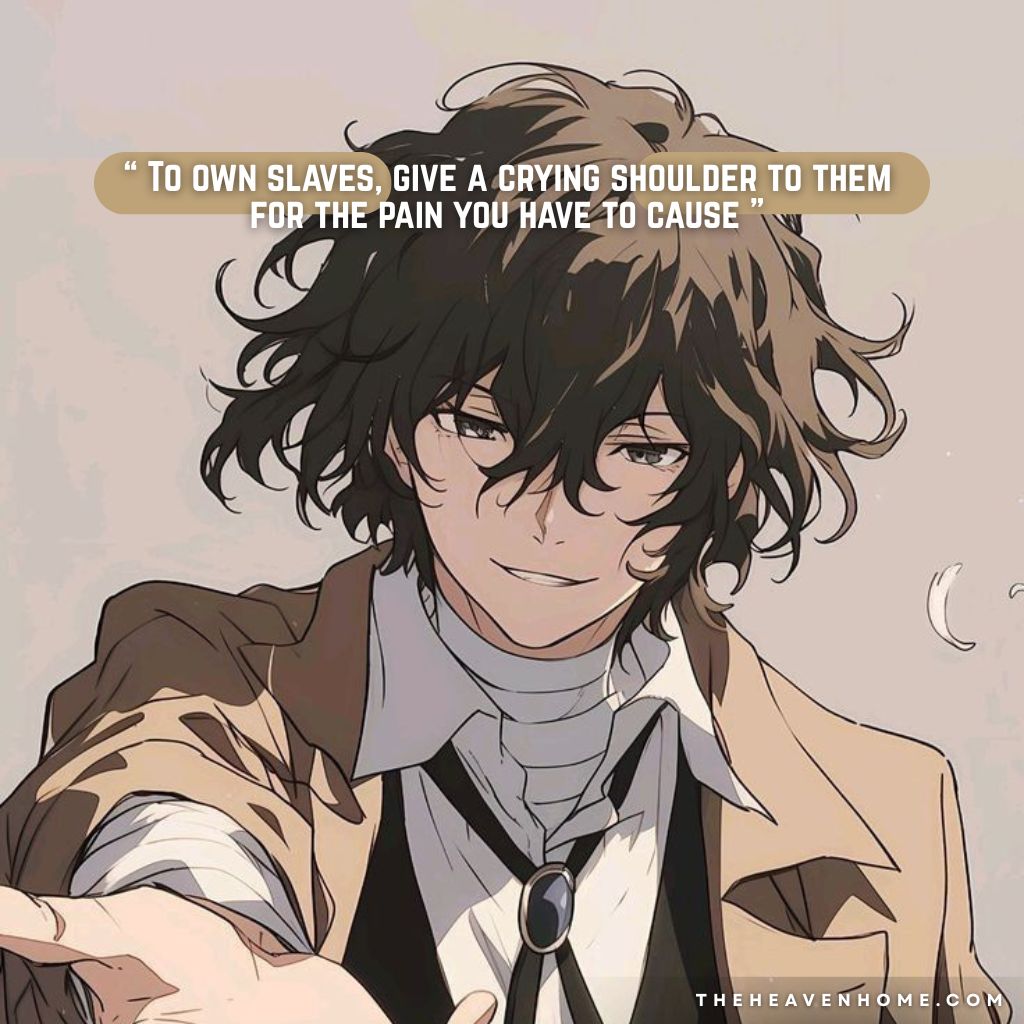 Manipulative anime boy with messy dark hair offering a hand with an evil smile, image overlays a manipulation quote “ To own slaves, give a crying shoulder to them for the pain you have to cause ” - a dark manipulation quote image