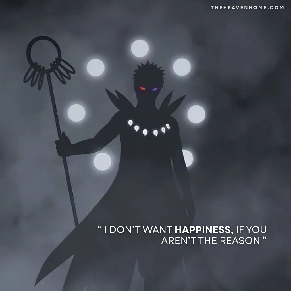 Dark anime quote image of Obito Uchiha from Naruto, silhouetted in the mist with glowing sharingan and rinnegan, image featuring the emotional quote: “I don’t want happiness, if you aren’t the reason” — a haunting expression of love and loss dedicated to Rin.
