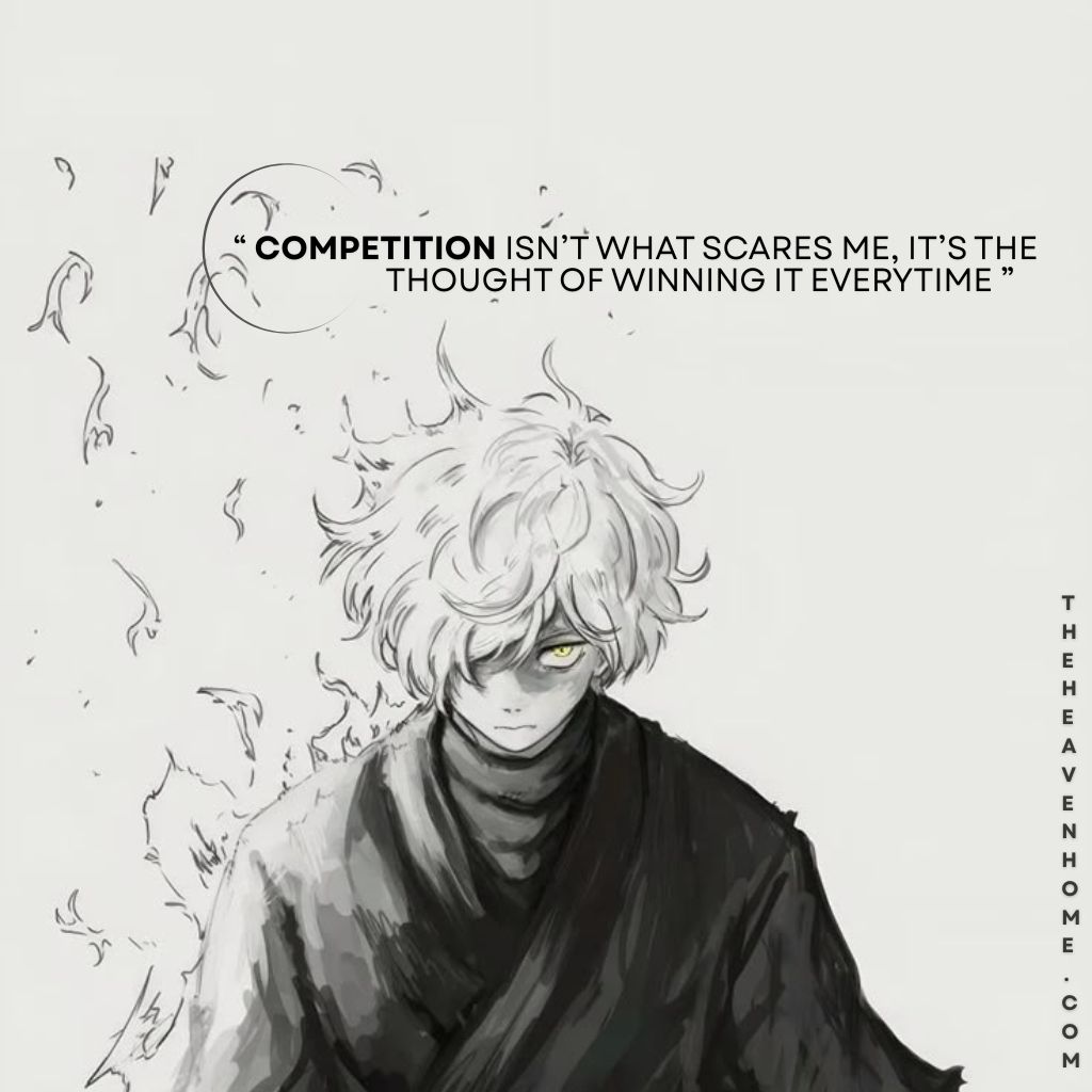 Anime sigma boy with white hair and intense yellow eyes surrounded by flames staring fiercely, image overlays a self confidence quote “ Competition isn’t what scares me, it’s the thought of winning it everytime ” - savage sigma male mindset quote image