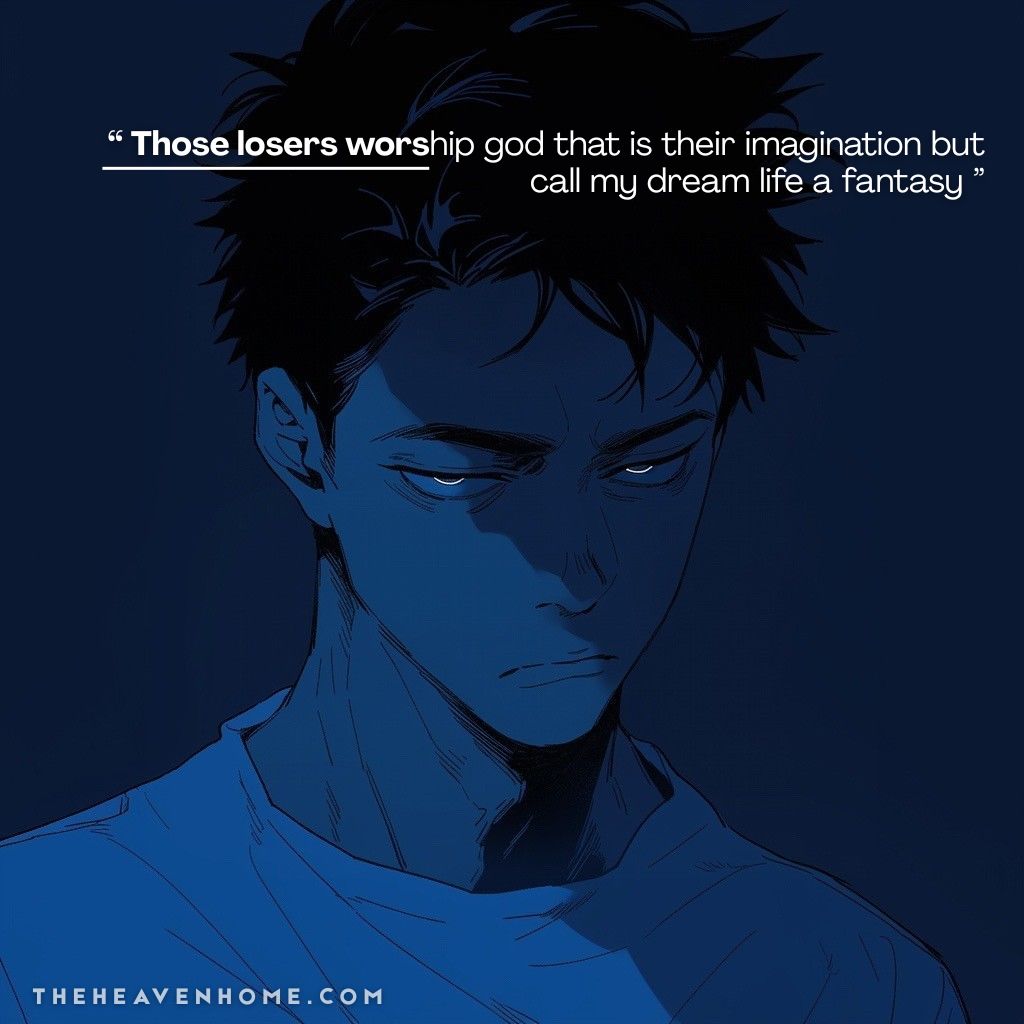 A determined boy standing in a moon lit room, his intense eyes expresses his thought provoking mindset, image featuring the quote “Those losers worship god that is their imagination but call my dream life a fantasy.” This powerful main character mindset quote reflects ambition, defiance, and the spirit of someone who refuses to be ordinary.