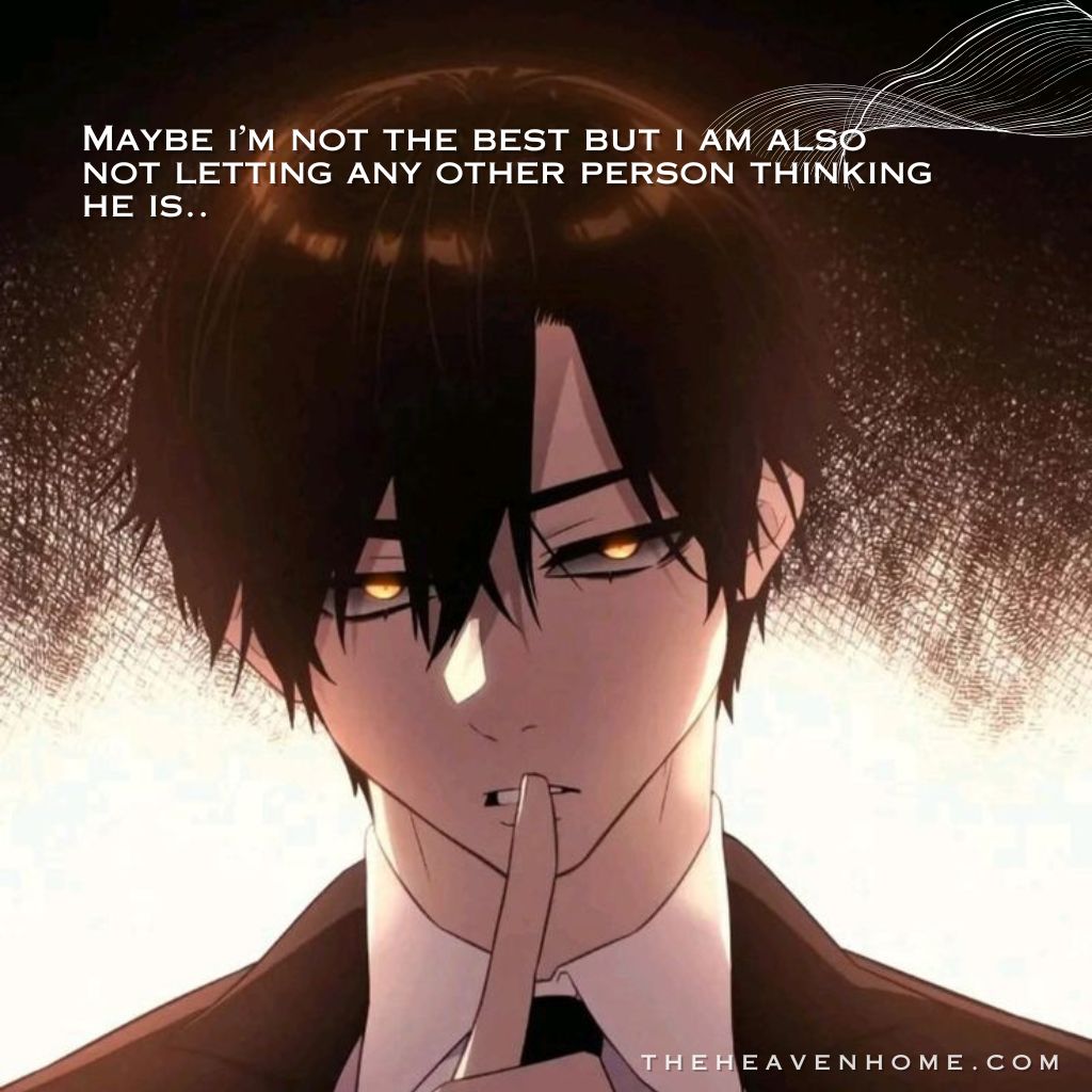 Anime-style boy with sharp glowing eyes and a composed, dominant expression, holding a finger to his lips in a quiet “silence” gesture, image overlaid with the quote " Maybe i’m not the best but i am also not letting any other person thinking he is " radiating an ego-driven, competitive mindset that refuses to accept anyone above him.