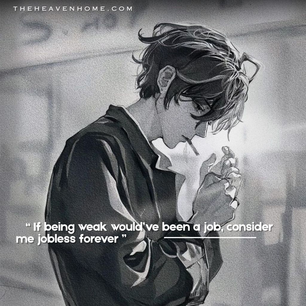 Black-and-white anime-style boy with messy hair and a calm, detached expression, lighting a cigarette in quiet confidence—Image overlays the quote “ If being weak would’ve been a job, consider me jobless forever ” , embodying a rebellious mindset that rejects weakness, quote image for egoist peoples.
