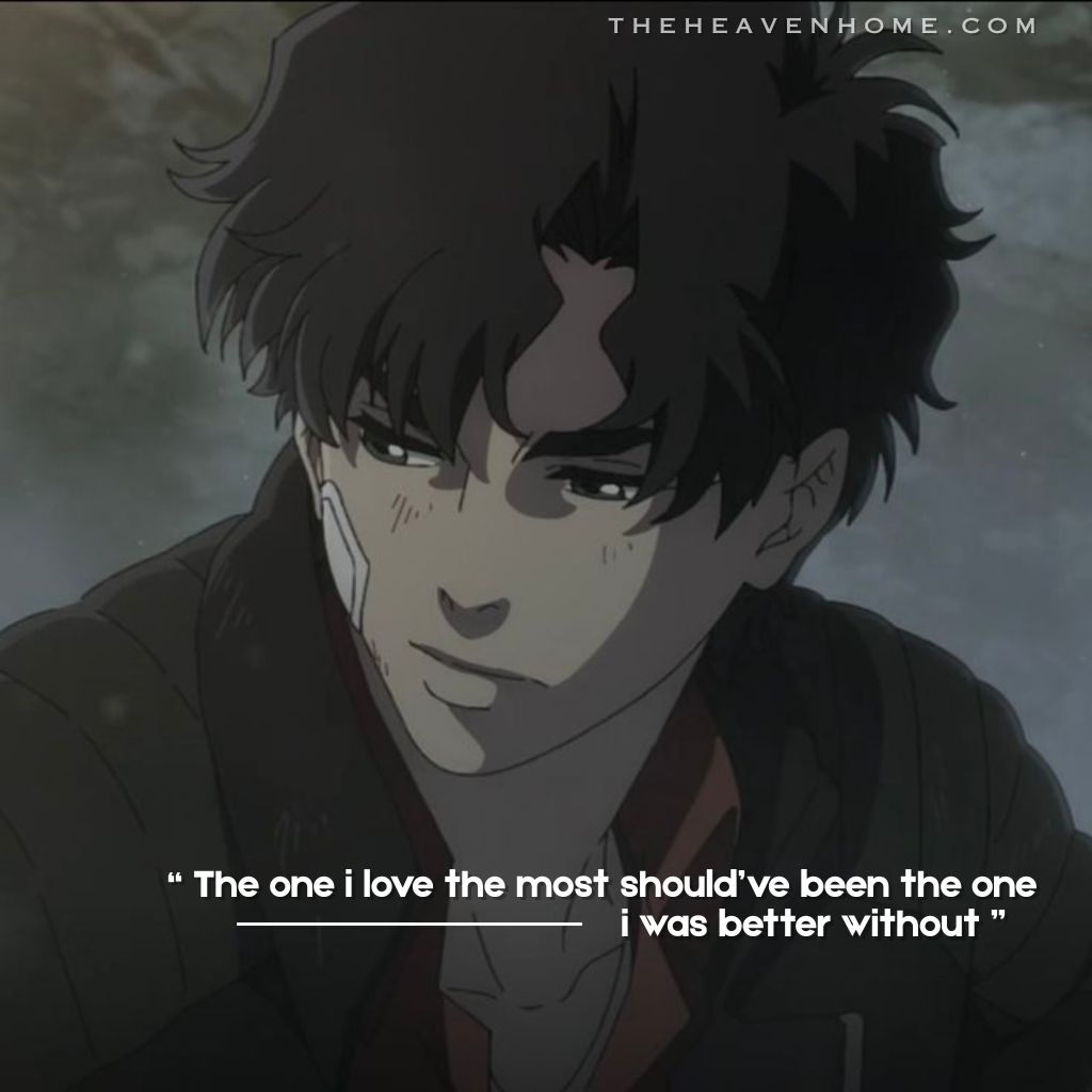 Anime boy with messy dark hair wounded and covered in dirt sitting quietly in a dark atmosphere, image featuring the quote “The one I love the most should’ve been the one I was better without,” expressing heartbreak, emotional regret, toxic love, and the painful realization of loving the wrong person too deeply.