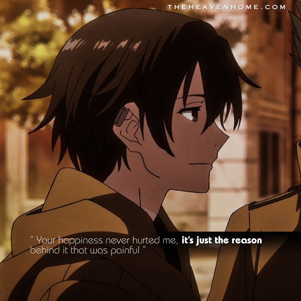 Sad anime boy image with dark hair smiling softly while hiding the pain in a warm evening setting, image featuring the quote “Your happiness never hurt me, it’s just the reason behind it that was painful,” expressing heartbreak, unfulfilled love, silent suffering, and the sadness of not receiving the love he truly desired.