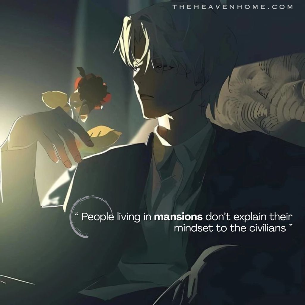 Classy anime boy in a dark suit sitting calmly in a luxurious mansion atmosphere with dim lighting and a rose in hand, image featuring the quote “People living in mansions don’t explain their mindset to the civilians” — a high society mindset quote image representing luxury lifestyle, elite mentality and pure wealth.