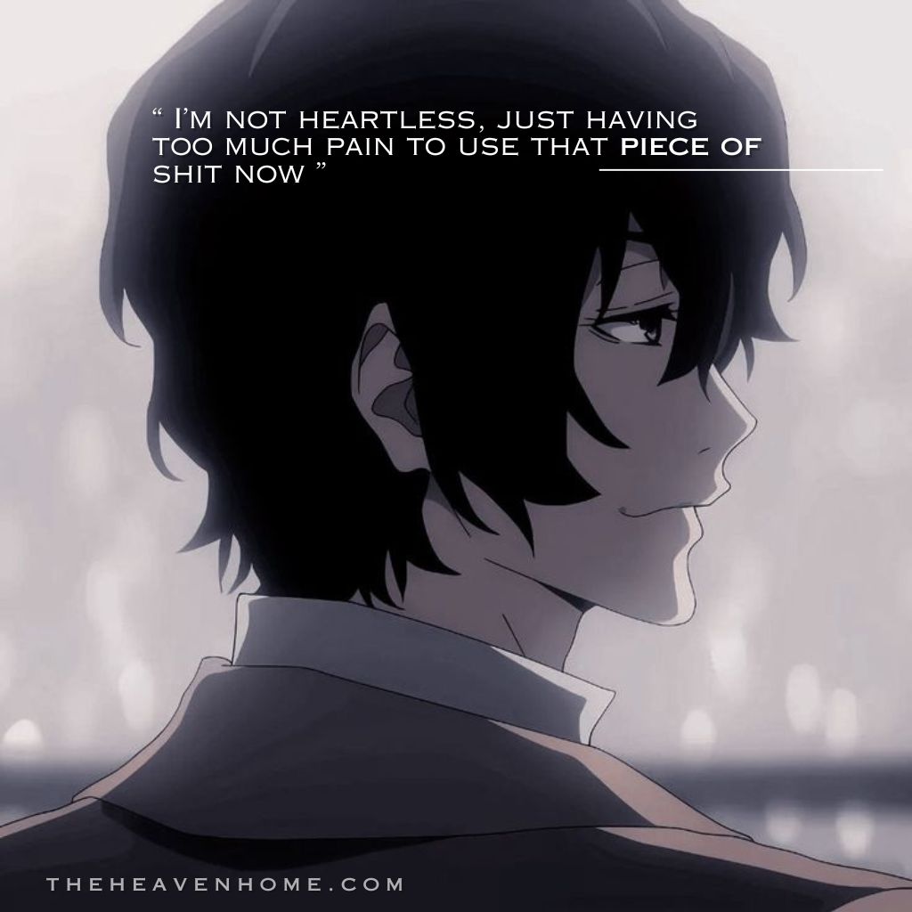 Sad anime boy with dark hair looking emotionally numb having a smile on his face full of pain in a grey and empty atmosphere , image featuring the quote “I’m not heartless, just having too much pain to use that piece of shit now,” expressing deep emotional pain, heartbreak, mental exhaustion, and the frustration on oneself.