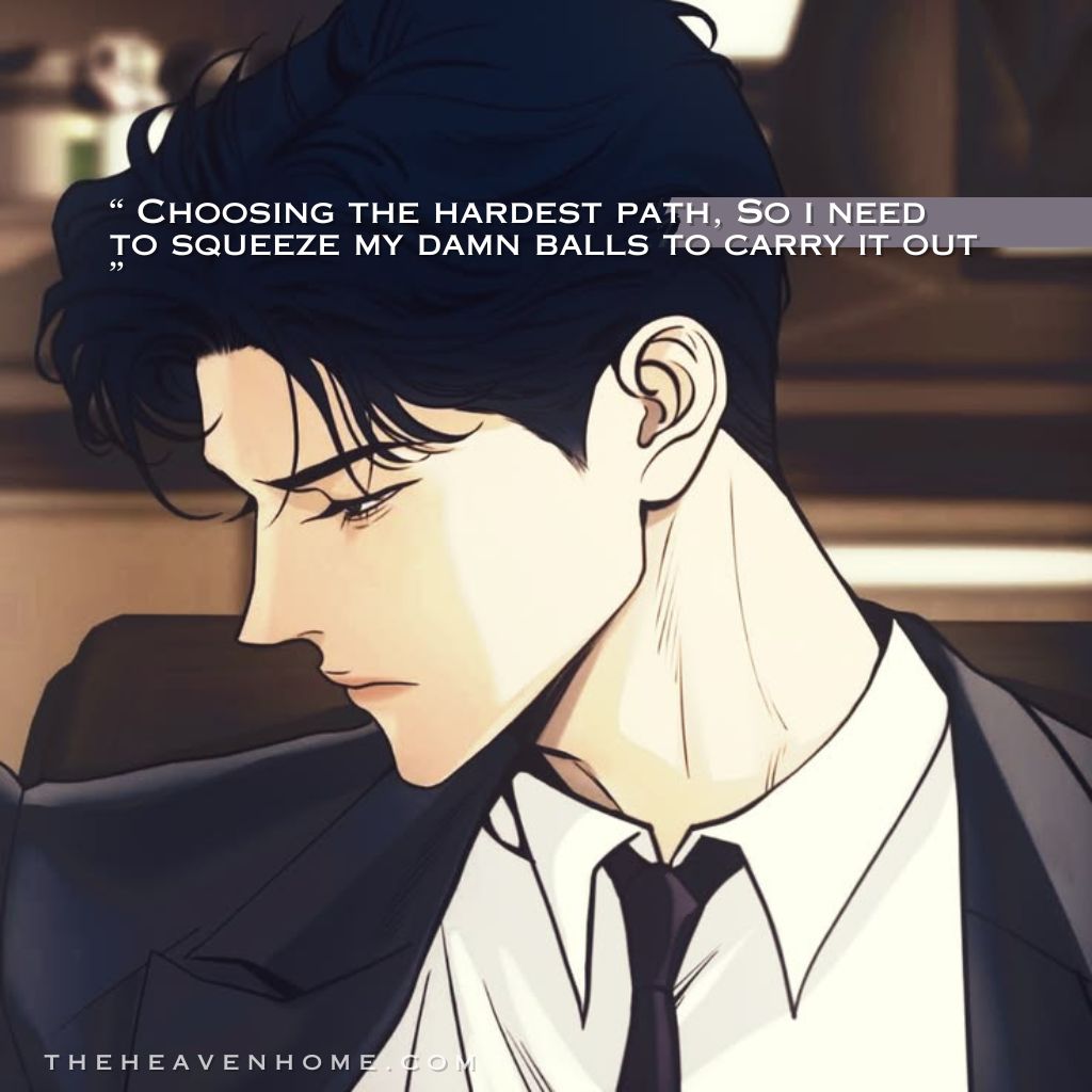 Image of a Handsome anime boy wearing a black suit with a serious yet determined expression, image overlays the quote “Choosing the hardest path, so I need to squeeze my damn balls to carry it out” — a stubborn and motivated classy boy - quote representing discipline, courage, ambition, masculine mindset, hard work, and fearless self-growth energy.