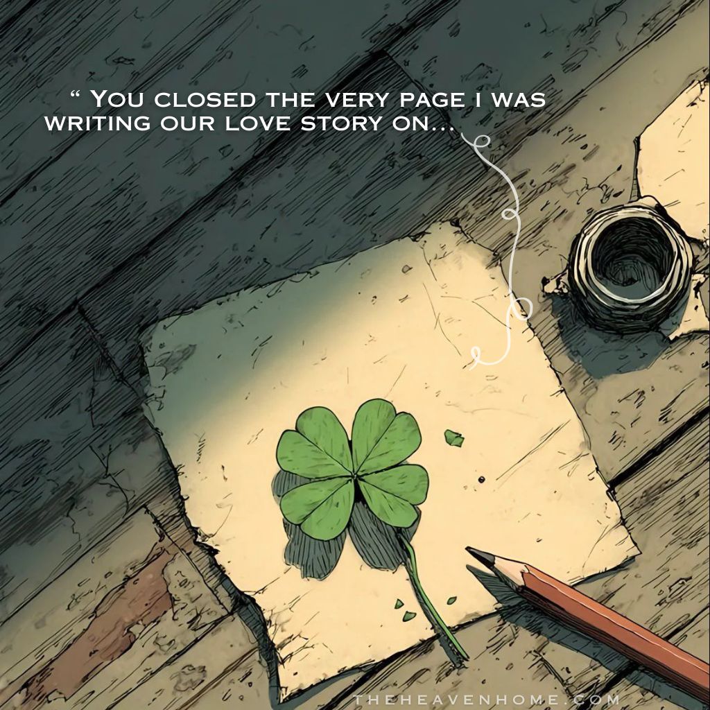 A handwritten letter lies on a wooden surface with a four-leaf clover and pencil, creating a melancholic and heartbroken atmosphere, The quote reads “ You closed the very page i was writing our love story on... expressing the love which got rejected before it could start - a one sided love quote image.