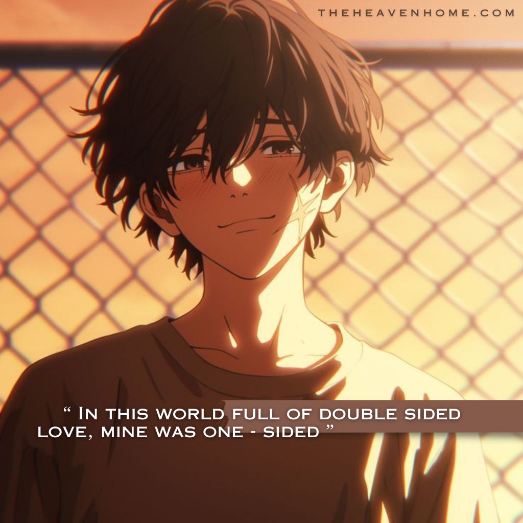 A calm anime boy smiling gently in the warm evening sunlight, expressing quiet affection and peaceful acceptance with the quote “ In this world full of double sided love, mine was one - sided ” capturing the feeling of loving someone deeply while knowing that your feelings may never be returned.