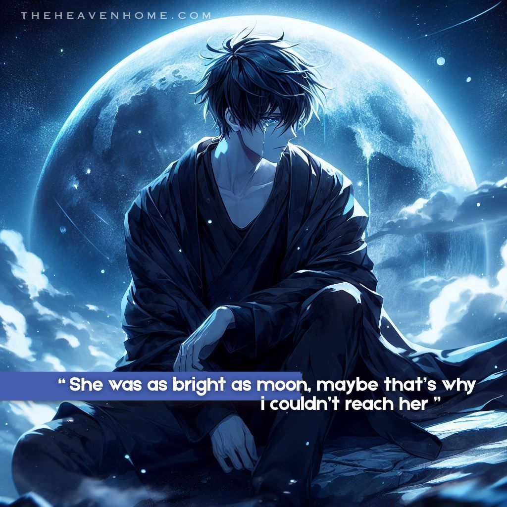 Image of a heartbroken boy sitting alone beneath a glowing full moon, his sorrowful expression reflecting loneliness and the pain of unrequited love. The quote “ She was as bright as moon, maybe that’s why i couldn’t reach her ” expressing his unfortunate fate in love, feeling that the person he loves is too distant and unreachable.